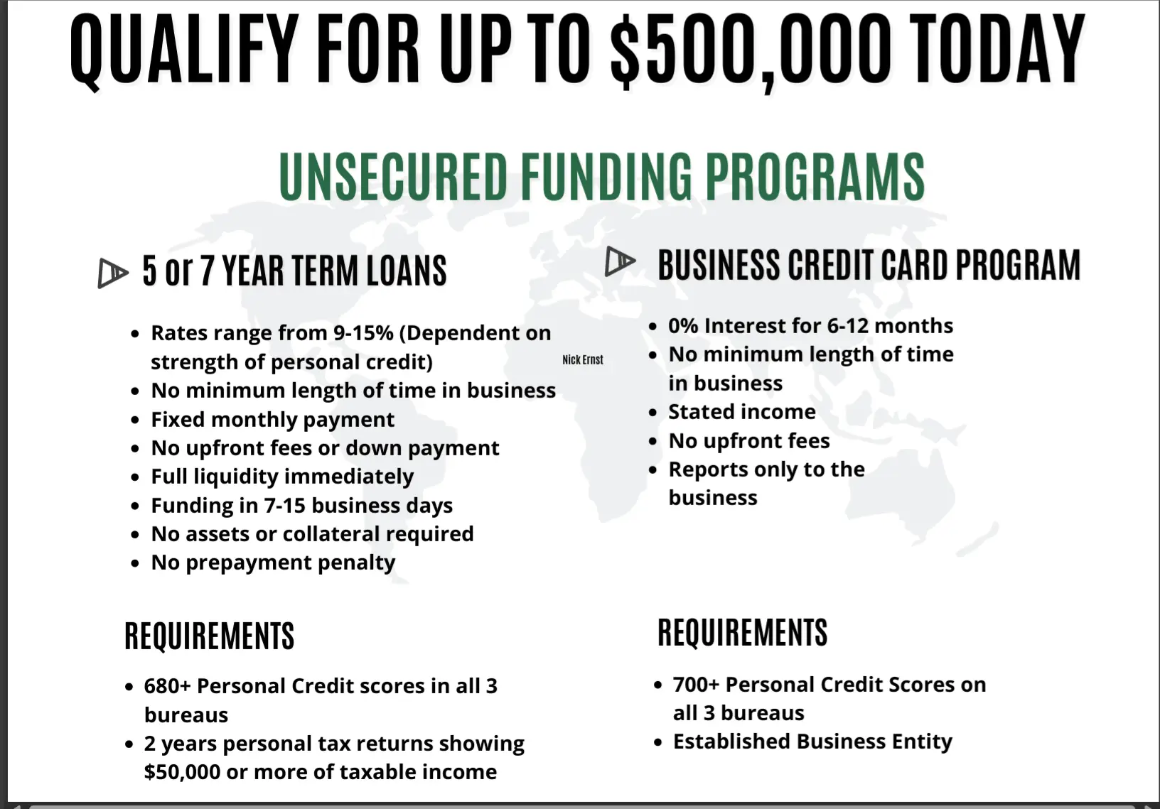 Promotional graphic for Startup Funding from The Laundromat Financial Group, highlighting up to $500K in funding based on personal credit, with call-to-action and bold visuals aimed at new entrepreneurs