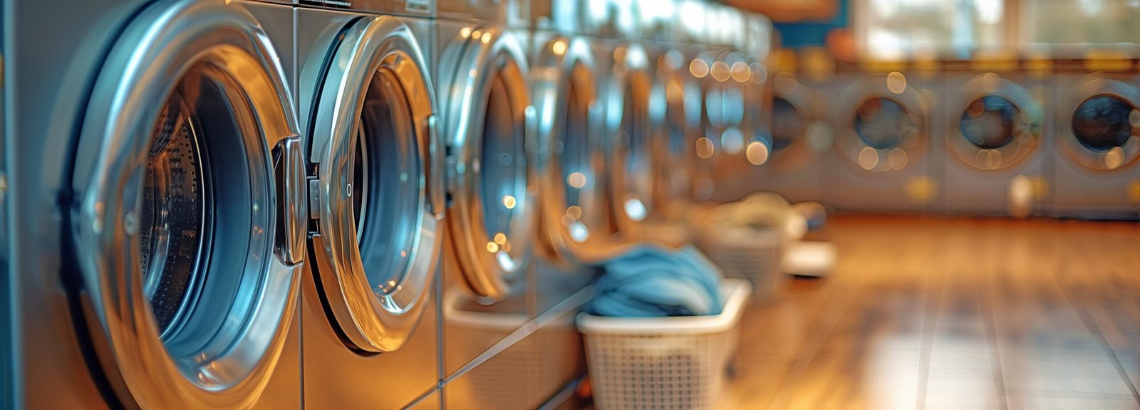 Modern laundromat with washing machines and baskets, reflecting Laundromat Financial Group's efficiency.