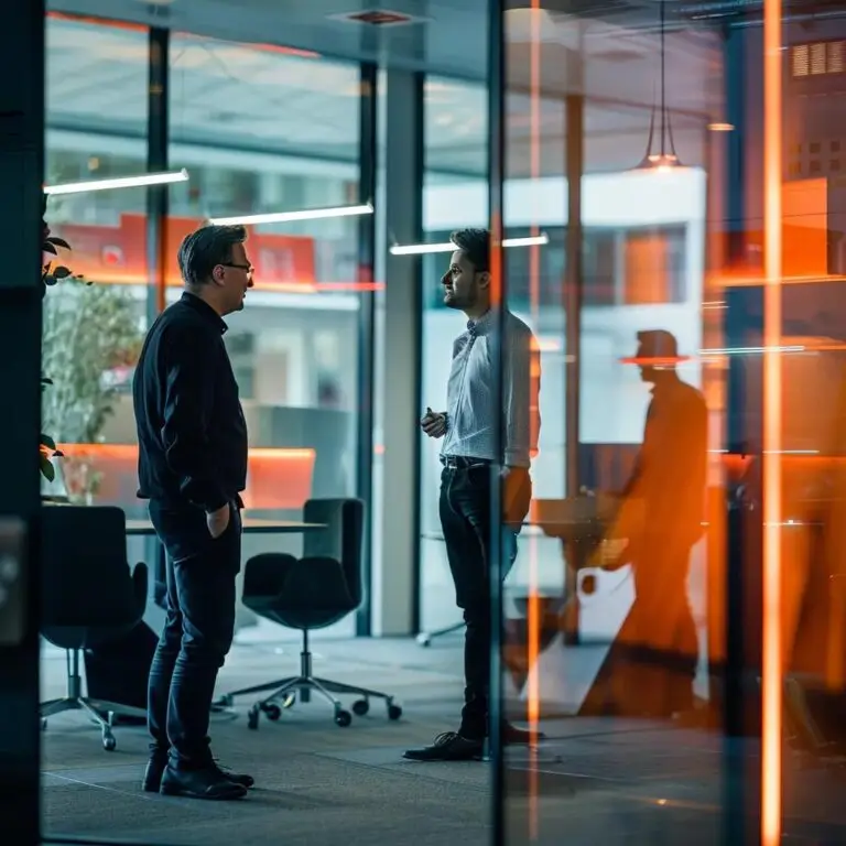 a sleek, modern office ambiance showcases a confident entrepreneur engaged in a dynamic discussion with a digital interface highlighting the advantages of alternative lending over traditional methods, illuminated by warm, focused lighting.