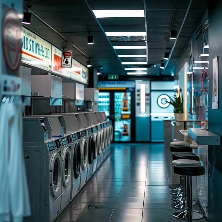 a bustling urban laundromat filled with modern washing machines and vibrant signage, capturing the dynamic atmosphere of potential buyers and leasers evaluating the business opportunity.