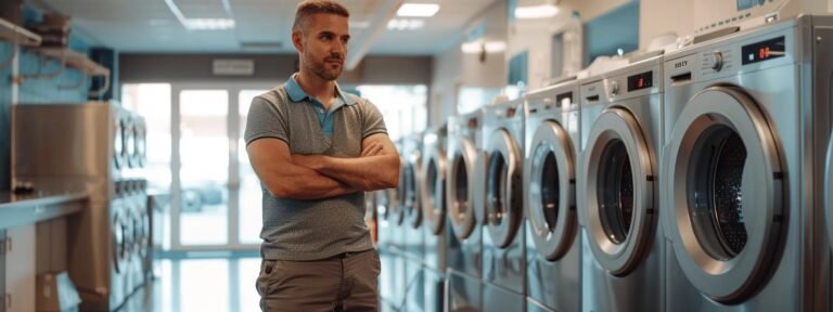 a confident entrepreneur stands in a modern, brightly lit laundromat, examining loan documents with new stainless steel washers and dryers gleaming in the background, while a vibrant 'now open with tlfg funding' sign showcases the potential of business financing in arkansas.