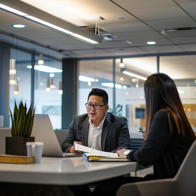 a focused view of a modern office space featuring a professional consultant seated at a sleek desk, engaged in a detailed conversation with a prospective borrower, illuminated by bright overhead lights, with documents about sba loans prominently displayed on the desk.