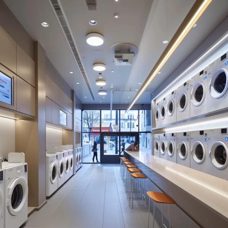 a modern laundromat filled with gleaming, high-efficiency washing machines and dryers, illuminated by bright overhead lights, showcasing the bustling atmosphere of business owners discussing equipment financing at a sleek, minimalist counter.