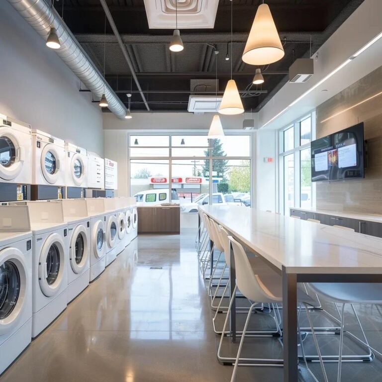 a sleek, modern laundromat interior showcases sophisticated, high-tech washing and drying machines, highlighting a professional discussion among owners about innovative financing options at a polished conference table.